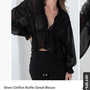 Commense Black Ruffled Sheer Long Sleeve Blouse